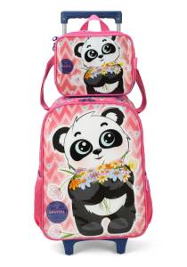 Mochila Carrinho Luxcel + Lancheira Up4you Panda Rosa Mc39362up