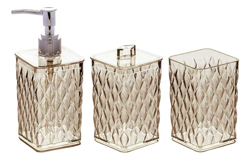 Kit Porta Escova Dentes Sabonete Líquido Cotonete Banheiro Cor Ambar