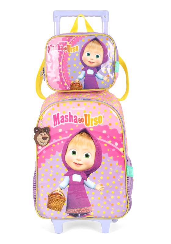 kit Mochila Carrinho Luxcel+Lancheira Masha E Urso Violeta Ic 40942Mu