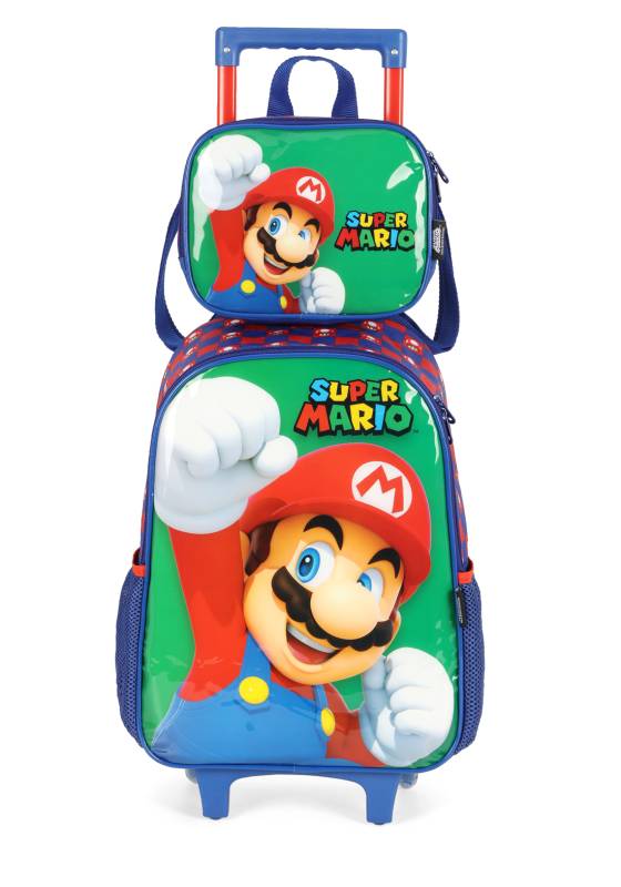 Kit Mochila Carrinho Luxcel+Lancheira Super Mario Verde Ic41382mo