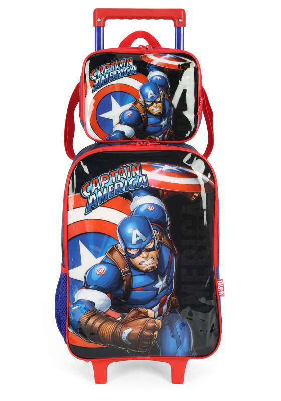 kit Mochila Carrinho Luxcel+Lancheira Capitão America Azul Ic 4158