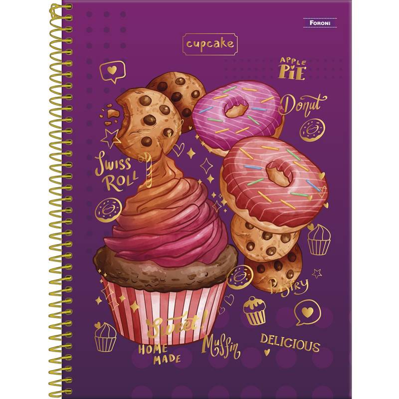 Caderno Universitário Capa Dura 10 Matérias 160 Folhas Cupcake Foroni